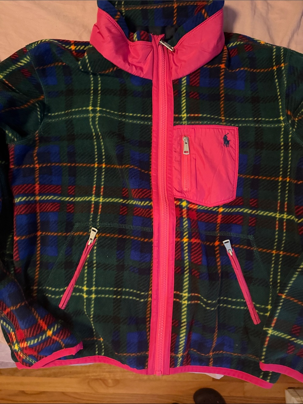 Ralph Lauren Green Plaid Fleece Jacket with Hot Pink Trim